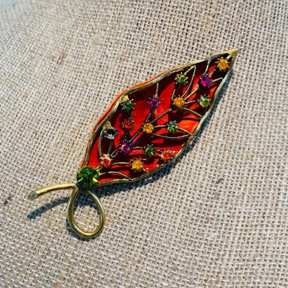 VINTAGE ENAMEL LEAF BROOCH - Picture 3 of 6